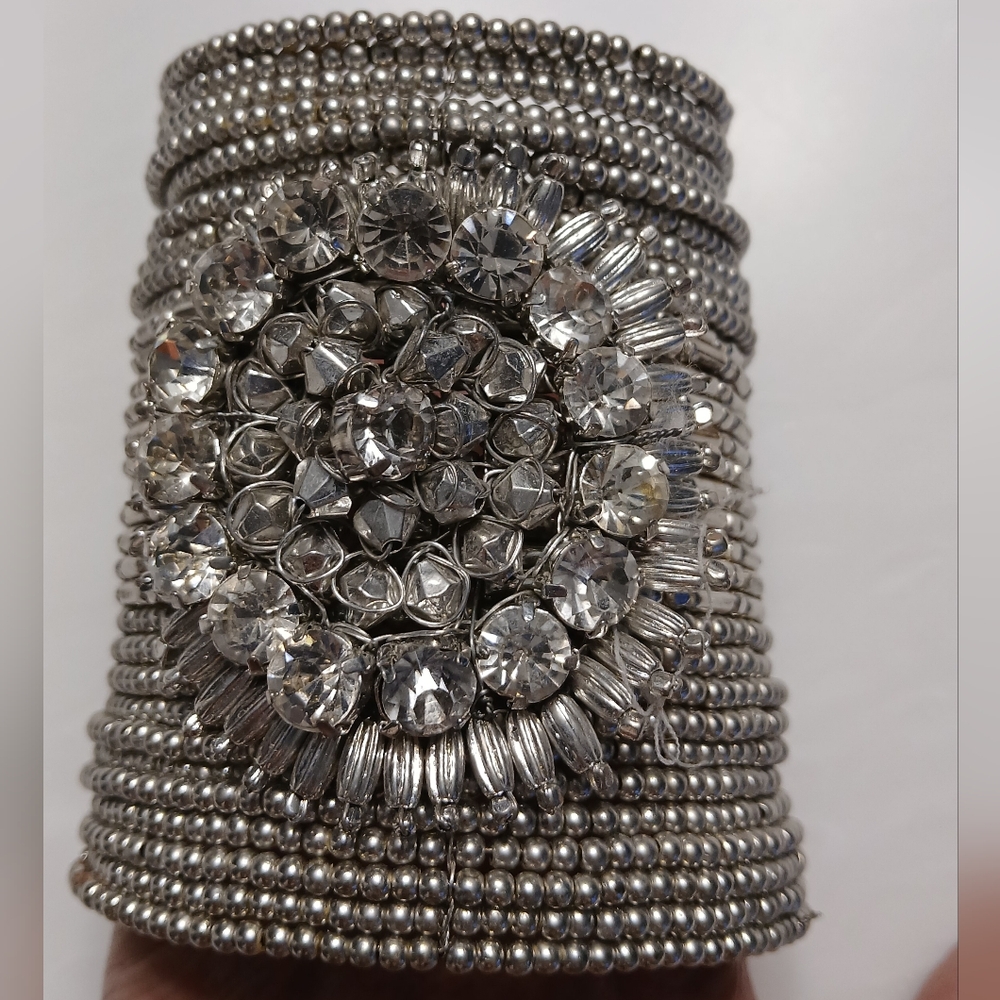 Silver Beaded Wide Cuff Bracelet w/ CZ Medallion – Adjustable